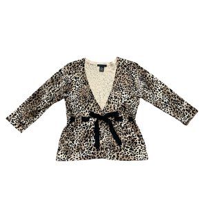 Sarah Spencer 3/4 Silk Cheetah Cardigan Sweater with Ribbon Bow Sz Large
